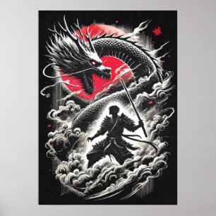 Affiche Dragon vs guerrier samouraï - Tatouage japonais