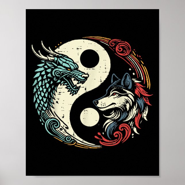 Affiche Dragon Wolf Yin Yang Chinois Mythique Zen Hommes F (Devant)