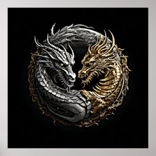 Affiche Dragon Yin Yang Art Or et argent