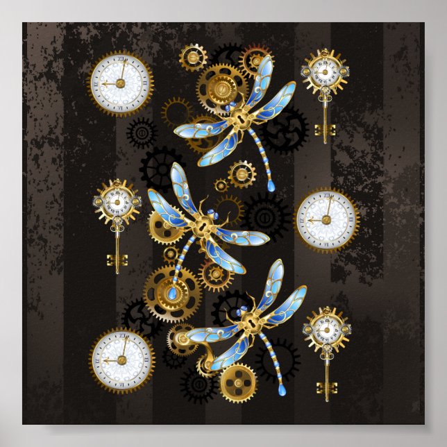 Affiche Dragonflies de Steampunk sur arrière - plan rayé b (Devant)