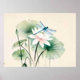 Affiche Dragonfly chinoise d'encre sur Lotus