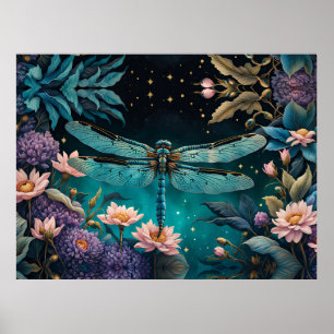 Affiche Dragonfly dans un jardin fleuri la nuit