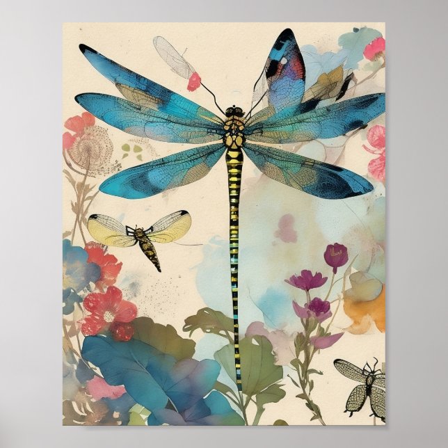 Affiche Dragonfly Mixage Media Collage Ephemera Decoupage (Devant)