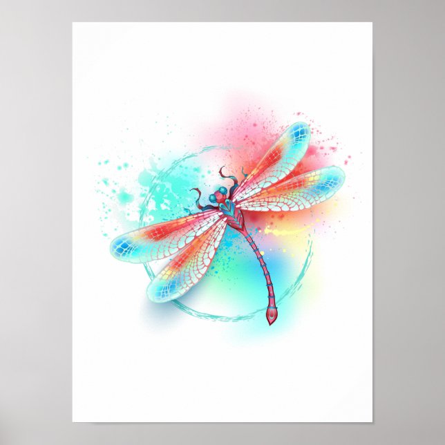 Affiche Dragonfly rouge sur l'arrière - plan aquarelle (Devant)