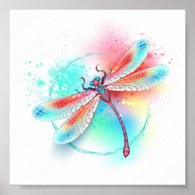 Affiche Dragonfly rouge sur l'arrière - plan aquarelle (Devant)