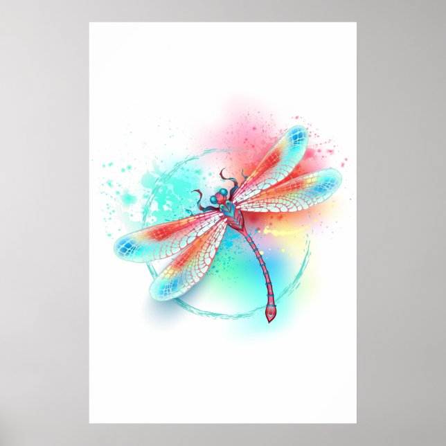 Affiche Dragonfly rouge sur l'arrière - plan aquarelle (Devant)