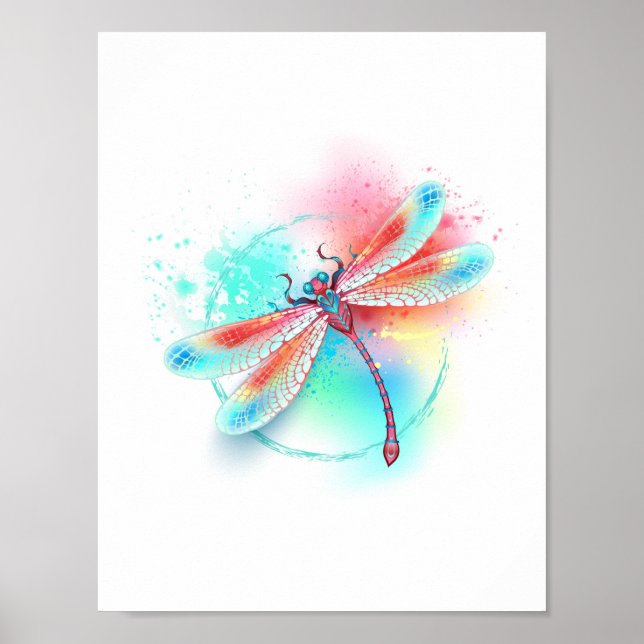 Affiche Dragonfly rouge sur l'arrière - plan aquarelle (Devant)