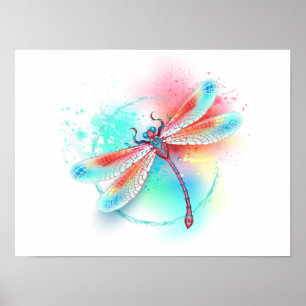 Affiche Dragonfly rouge sur l'arrière - plan aquarelle