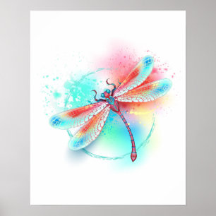 Affiche Dragonfly rouge sur l'arrière - plan aquarelle