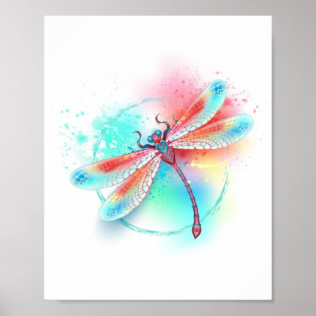 Affiche Dragonfly rouge sur l'arrière - plan aquarelle (Devant)