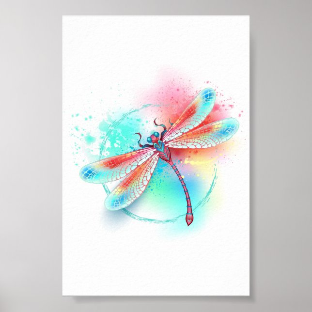 Affiche Dragonfly rouge sur l'arrière - plan aquarelle (Devant)