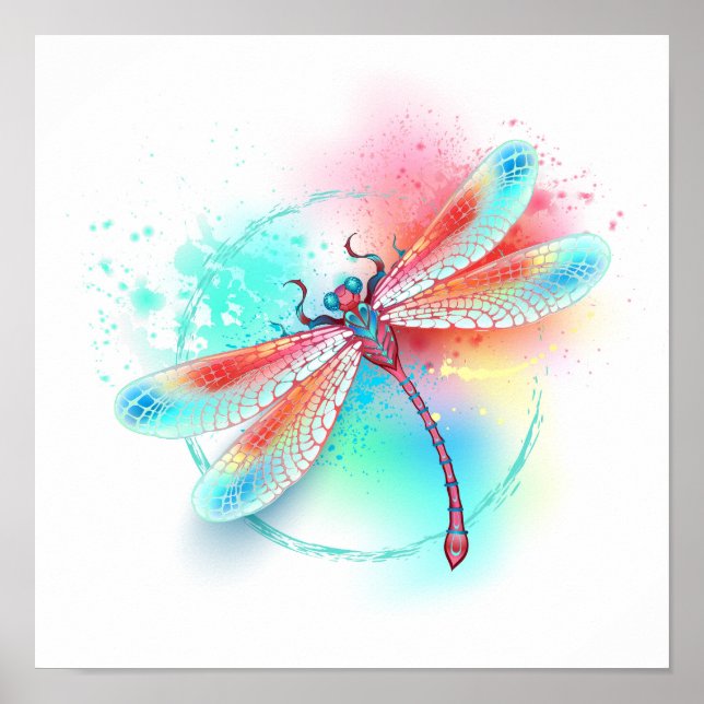 Affiche Dragonfly rouge sur l'arrière - plan aquarelle (Devant)