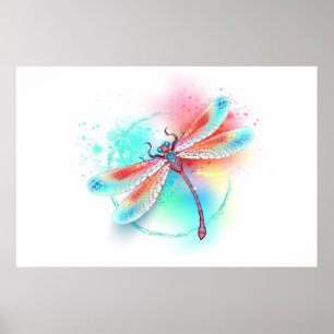 Affiche Dragonfly rouge sur l'arrière - plan aquarelle