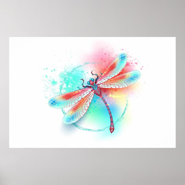 Affiche Dragonfly rouge sur l'arrière - plan aquarelle (Devant)