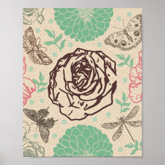 Affiche Dragonfly Vintage Rose Pattern