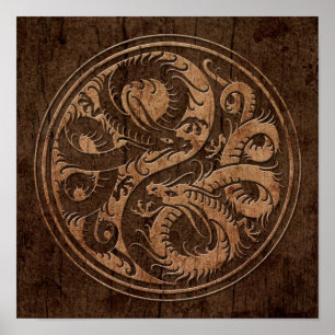 Affiche Dragons chinois de Yin Yang avec l'effet en bois