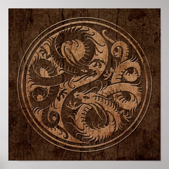 Affiche Dragons chinois Yin Yang avec effet Grain de Bois (Devant)