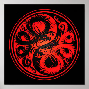 Affiche Dragons chinois Yin Yang rouges et noirs