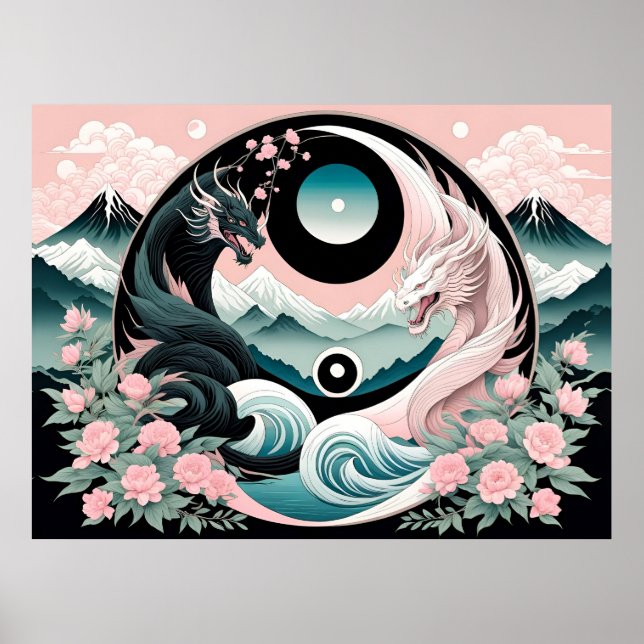 Affiche Dragons Floral Mountain Rose Sage Turquoise (Devant)
