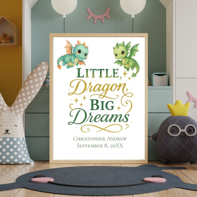Affiche Dragons verts personnalisés Statistiques de naissa (Little Dragon Big Dreams Baby Boy Nursery Wall Art Print. Personalized with Name Birthday Birth Stat)
