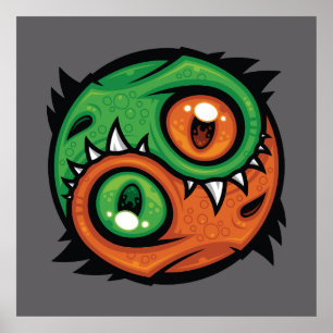 Affiche Dragons Yin Yang Verts et Orange