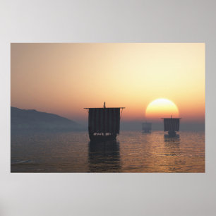 Affiche Drakkars de Viking au coucher du soleil