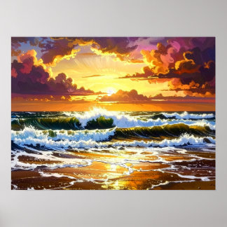 Affiche Dramatic Ocean Waves on the Beach Sunset Art