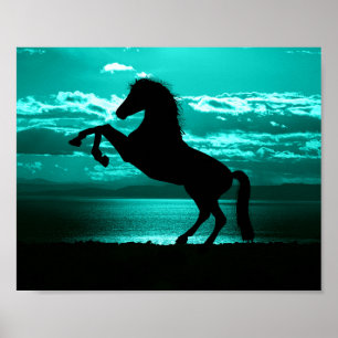 Affiche Dramatique Cheval Noir Ciel Sarcelle Paisible 