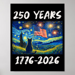 Affiche Drapeau américain 250 ans 1776-2026 Chat Nuit étoi