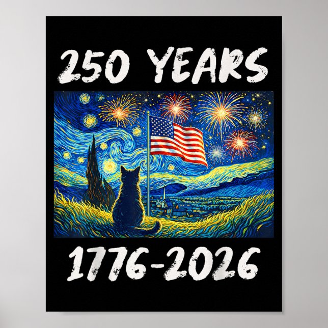 Affiche Drapeau américain 250 ans 1776-2026 Chat Nuit étoi (Devant)