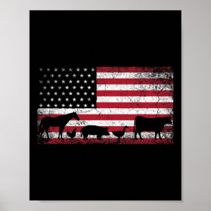 Affiche Drapeau américain 4 juillet Cheval de poulet Cow C