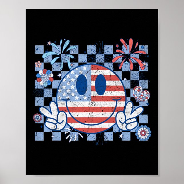Affiche Drapeau Américain 4 Juillet Groovy Visage Souriant (Devant)