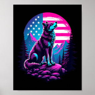 Affiche Drapeau américain 4 juillet hurlant loup sous l'US