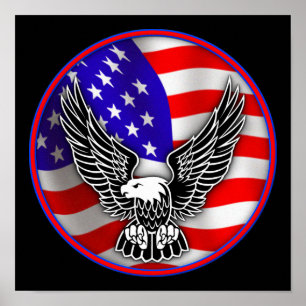Affiche Drapeau Américain Aigle à tête blanche États-Unis 