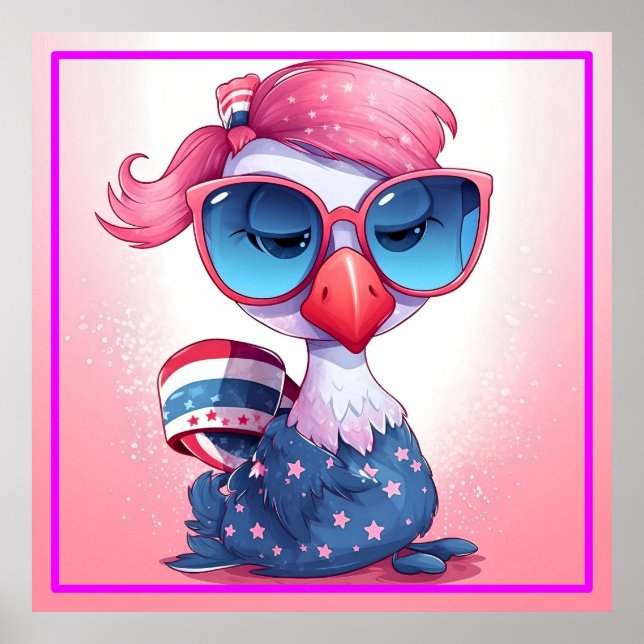 Affiche Drapeau américain avec Flamant rose Cartoon-69679 (Devant)