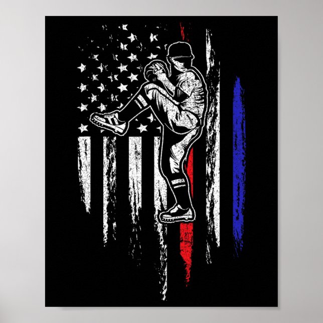 Affiche Drapeau Américain Baseball Lanceur Usa Lancement 4 (Devant)