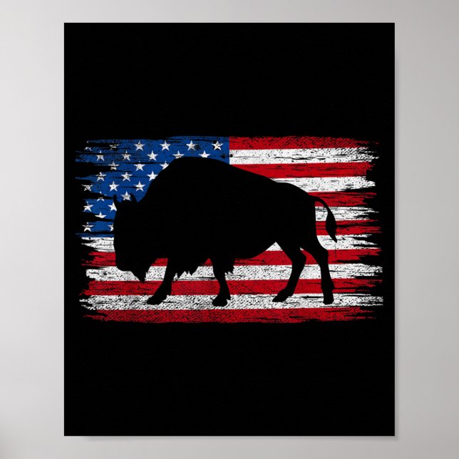 Affiche Drapeau Américain Buffalo Patriotique Rétro Bison (Devant)