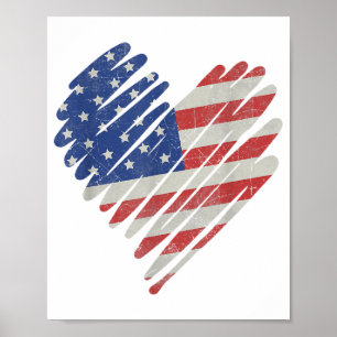 Affiche Drapeau Américain Cœur Rouge Blanc Bleu Mignon 4 J