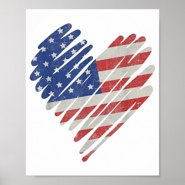 Affiche Drapeau Américain Cœur Rouge Blanc Bleu Mignon 4 J (Devant)