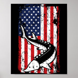 Affiche Drapeau américain du 4 juillet Sturgeon Fishing Pa