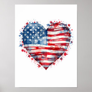 Affiche Drapeau américain étoiles bandes cœur patriotique