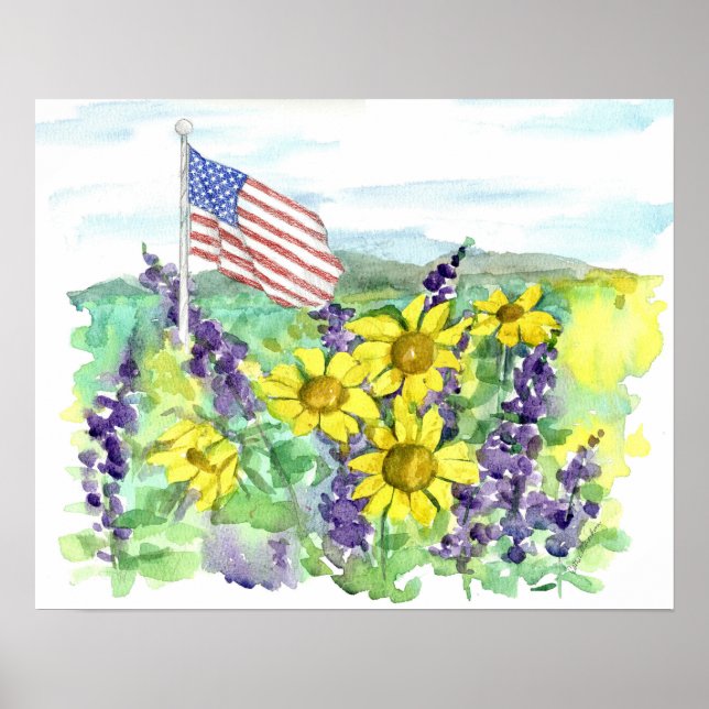 Affiche Drapeau américain Fleurs sauvages du désert Aquare (Devant)