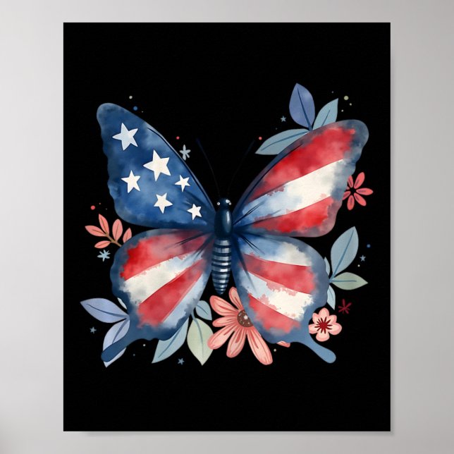 Affiche Drapeau américain floral papillon Usa 4 juillet Gi (Devant)