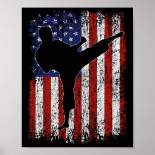 Affiche Drapeau Américain High Kick Karate Silhouette Part