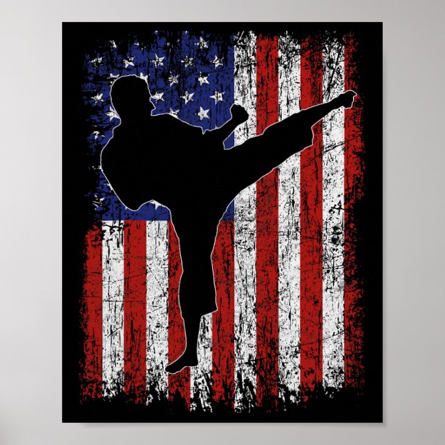 Affiche Drapeau Américain High Kick Karate Silhouette Part (Devant)