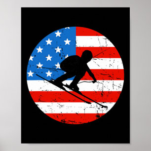 Affiche Drapeau Américain Neige Ski Ski Alpin Skieur Silho