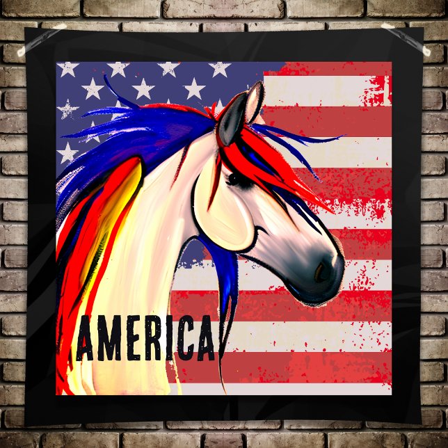 Affiche Drapeau américain patriotique Cheval rouge blanc e (Patriotic American Flag Red White and Blue Horse Poster)