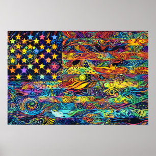 Affiche Drapeau américain rétro des années 60 Art psychédé