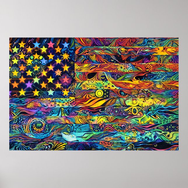Affiche Drapeau américain rétro des années 60 Art psychédé (Devant)
