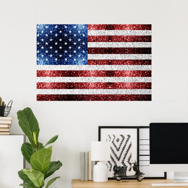 Affiche Drapeau américain rouge blanc bleu scintillements  (Bureau à domicile)